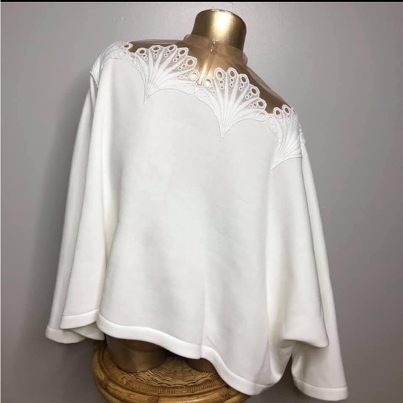 White lace illusion mesh dolman oversize soft fleece lined sweatshirt top - Picture 9 of 11